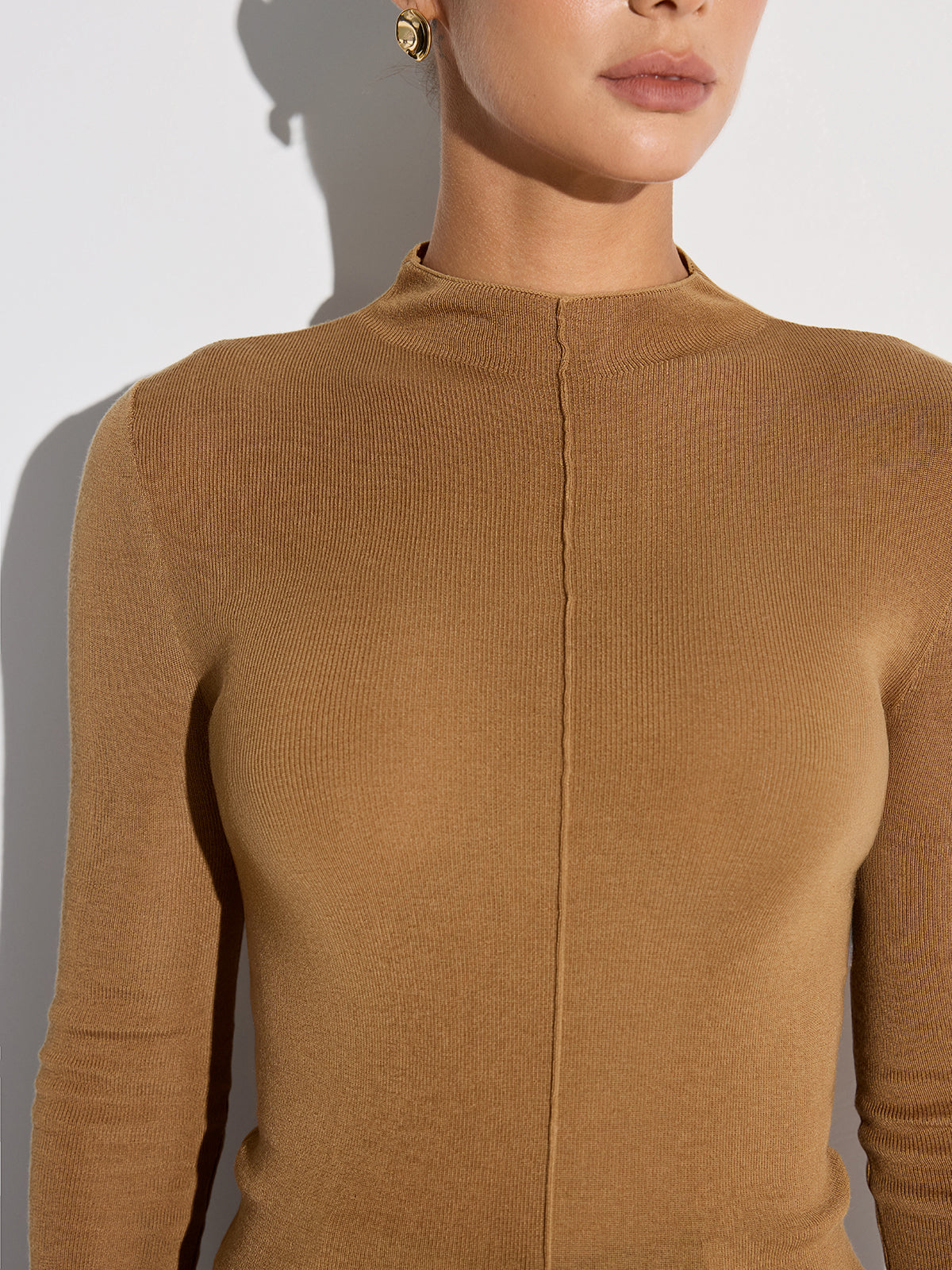 Wool Blend Mock Neck Fitted Long Sleeve Knit Top