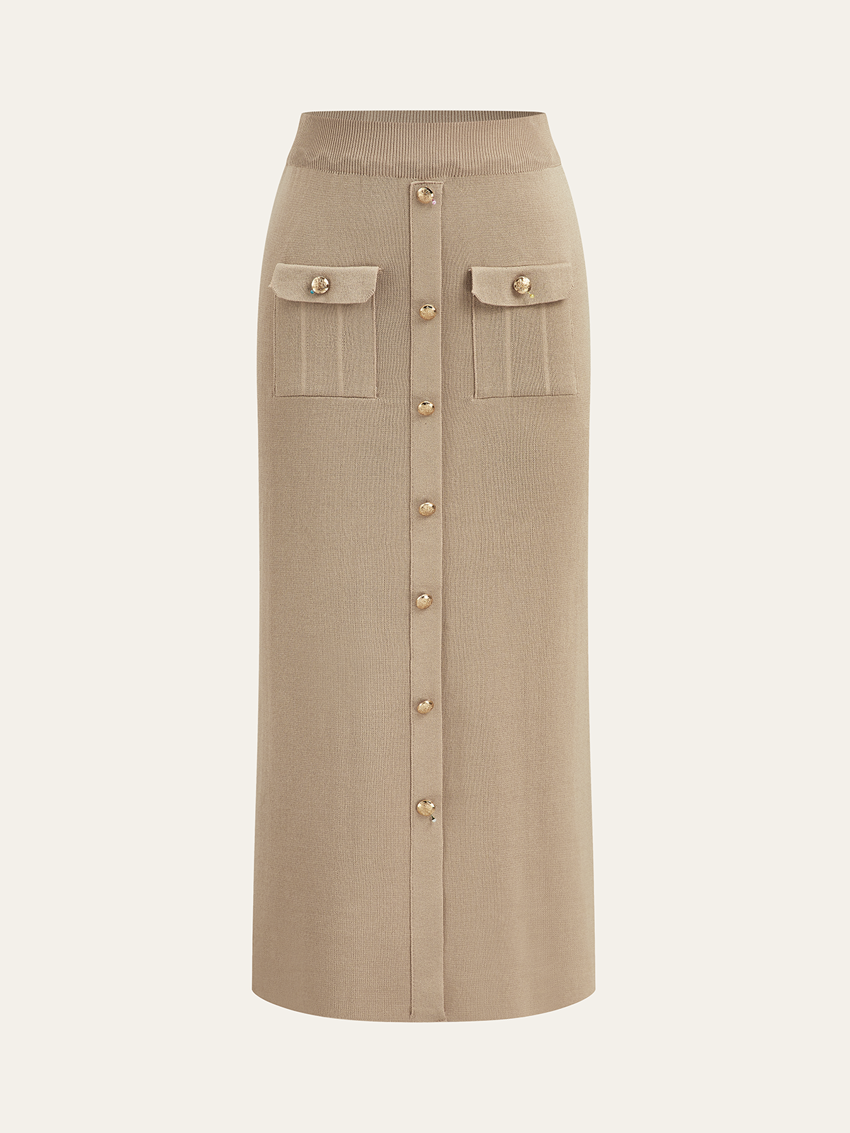 Metal Button Collared Cardigan and Midi Skirt Set