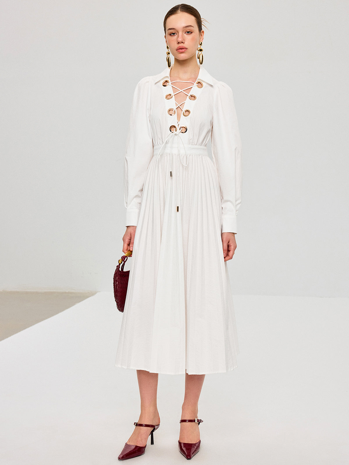 Lace-Up Pleated Midi Dress - View 4