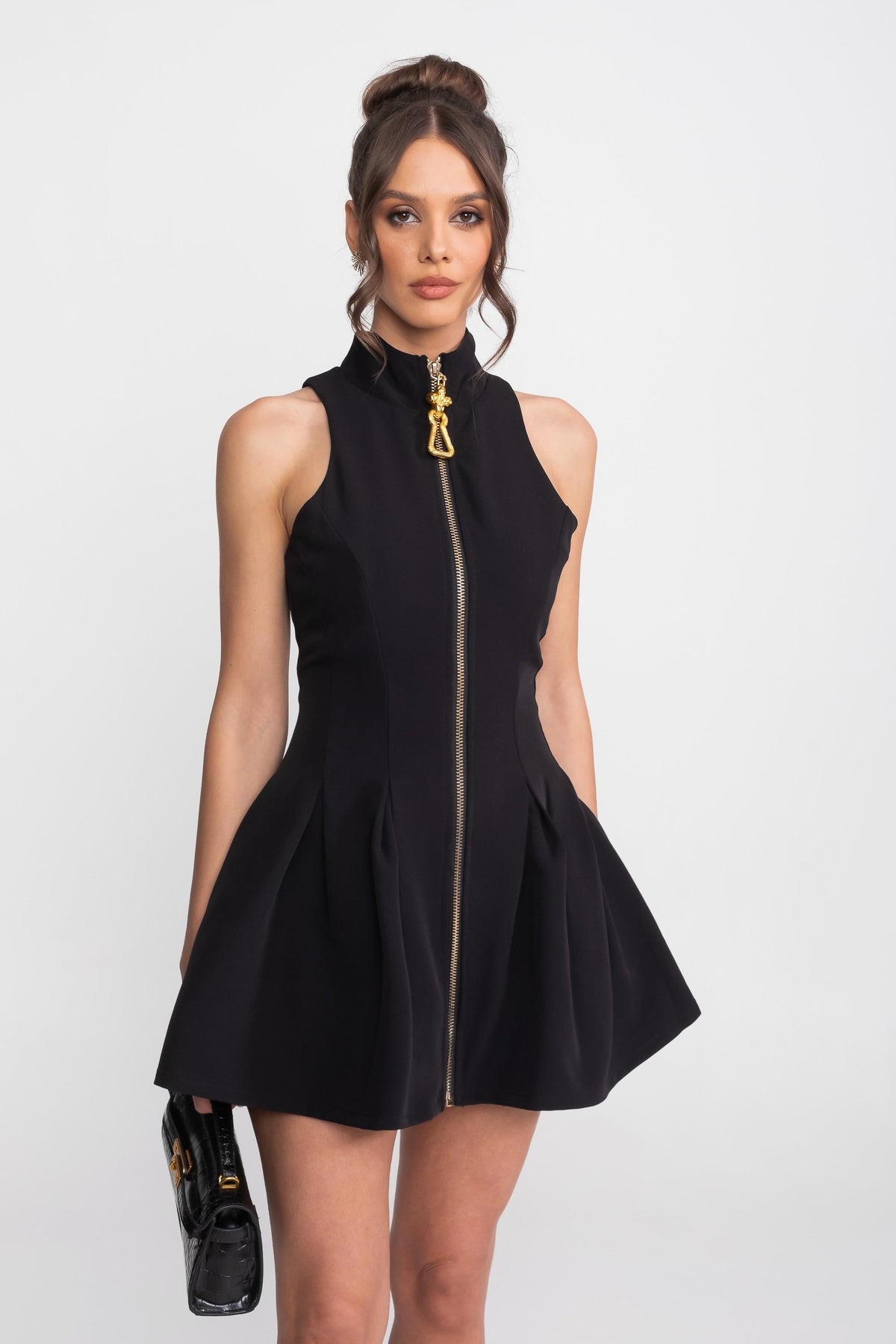 Sleeveless Mock Neck Zip Front Pleated A-Line Mini Dress - View 2