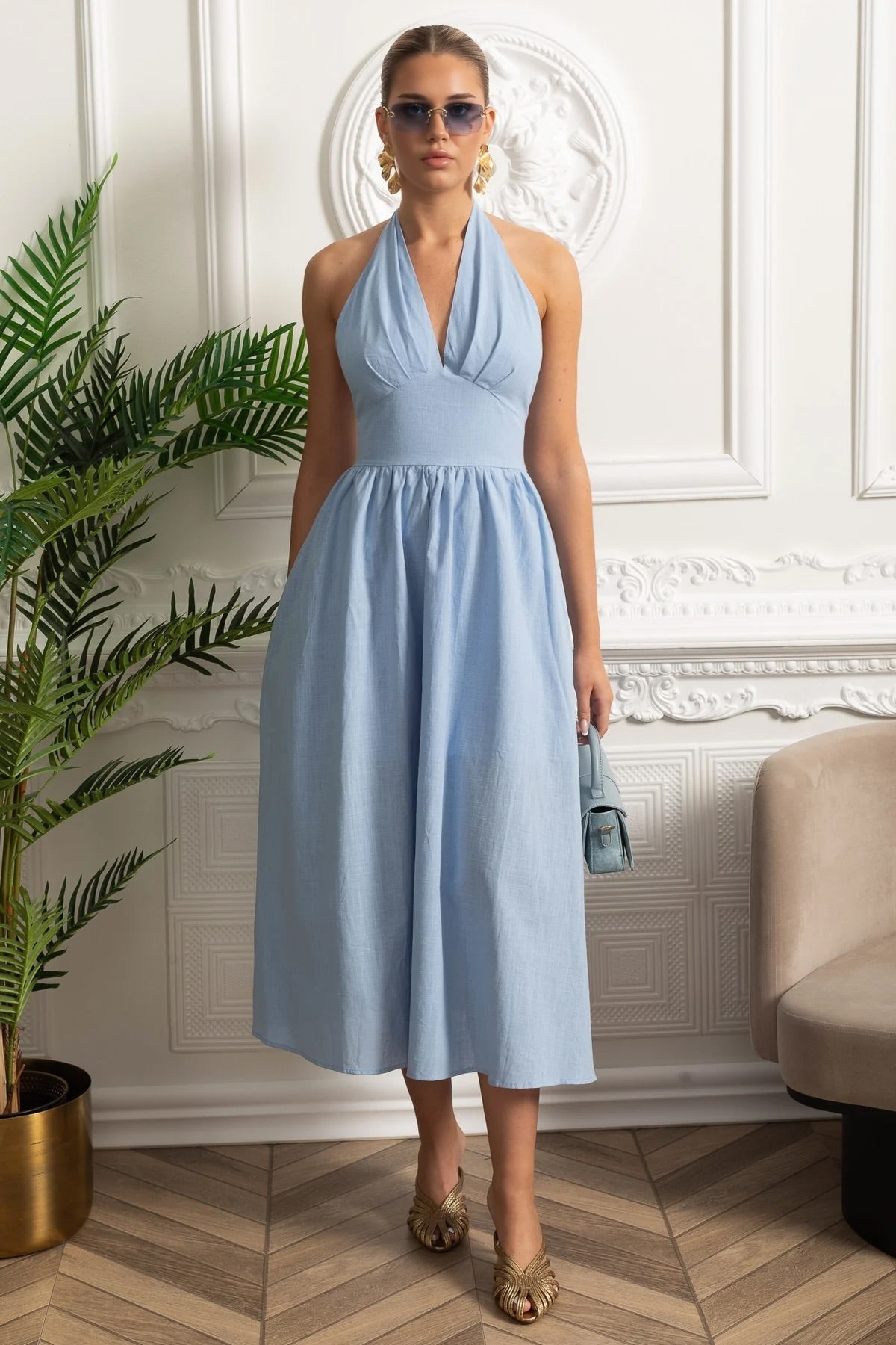 Halter Neck Deep V-Neck Pleated Bust Gathered A-Line Midi Dress