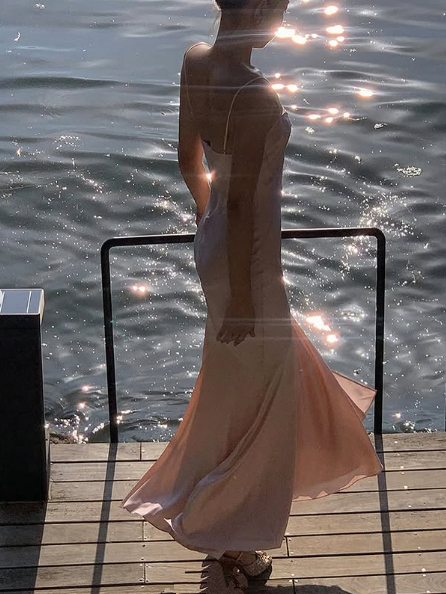 Elegant Straps Pink Satin Mermaid Evening Dress Formal Prom Dress cc1983