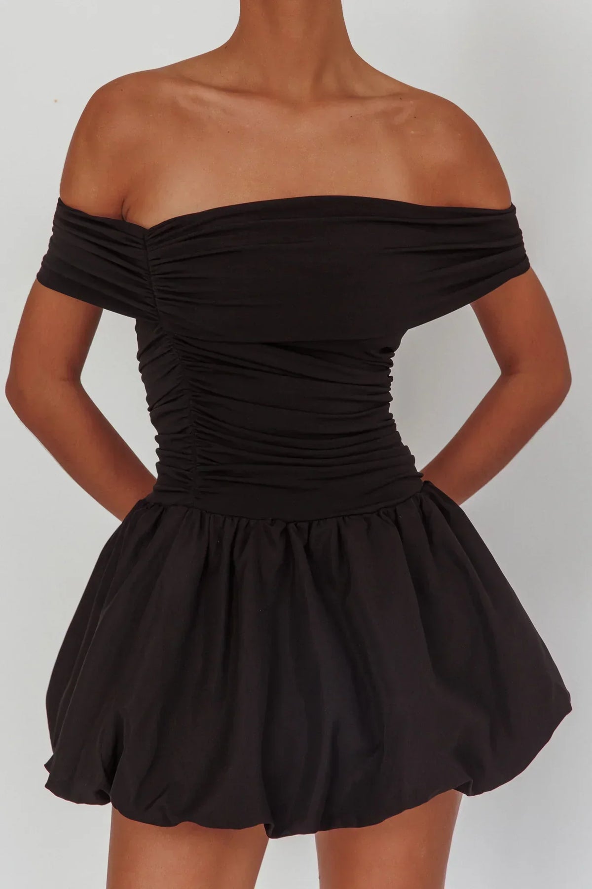 Off Shoulder Ruched Bodice Drop Waist Bubble Hem Mini Dress 3