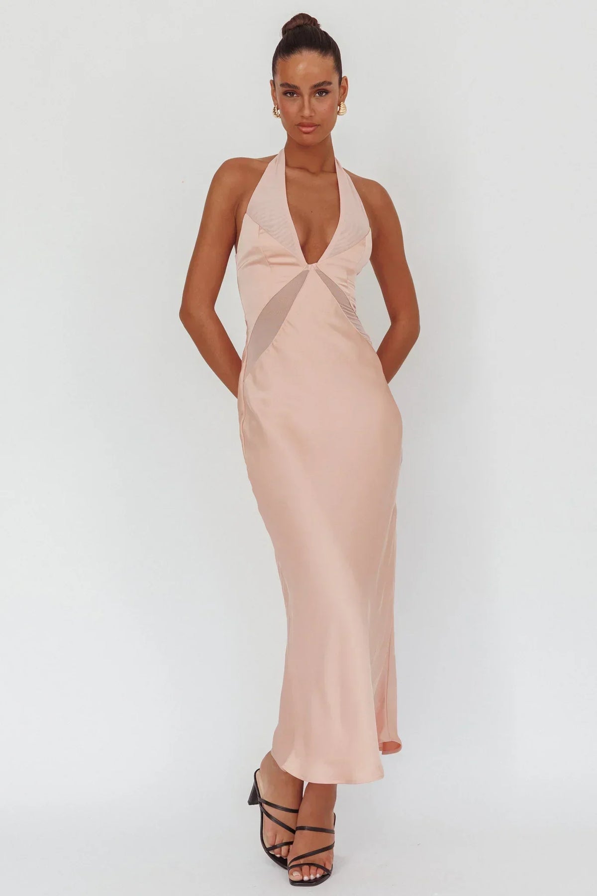 Satin Plunge Halter Neck Sheer Mesh Panel Bias Cut Maxi Dress 4