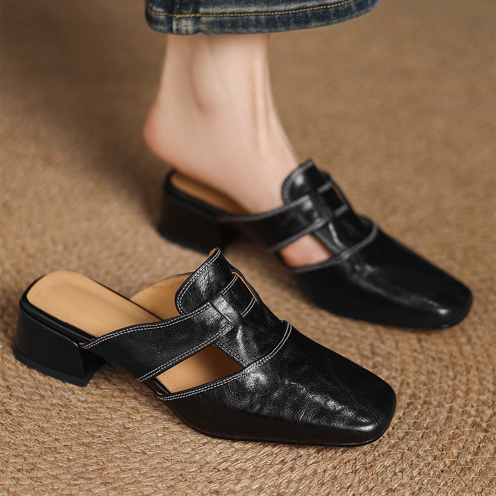 Closed Toe Buckle Strap Block Heel Mules