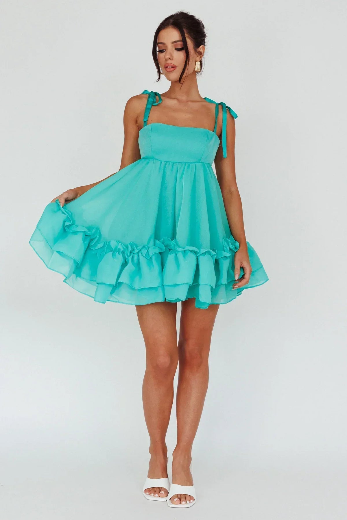 Square Neck Tie Shoulder Babydoll Layered Ruffle Hem Mini Dress 3