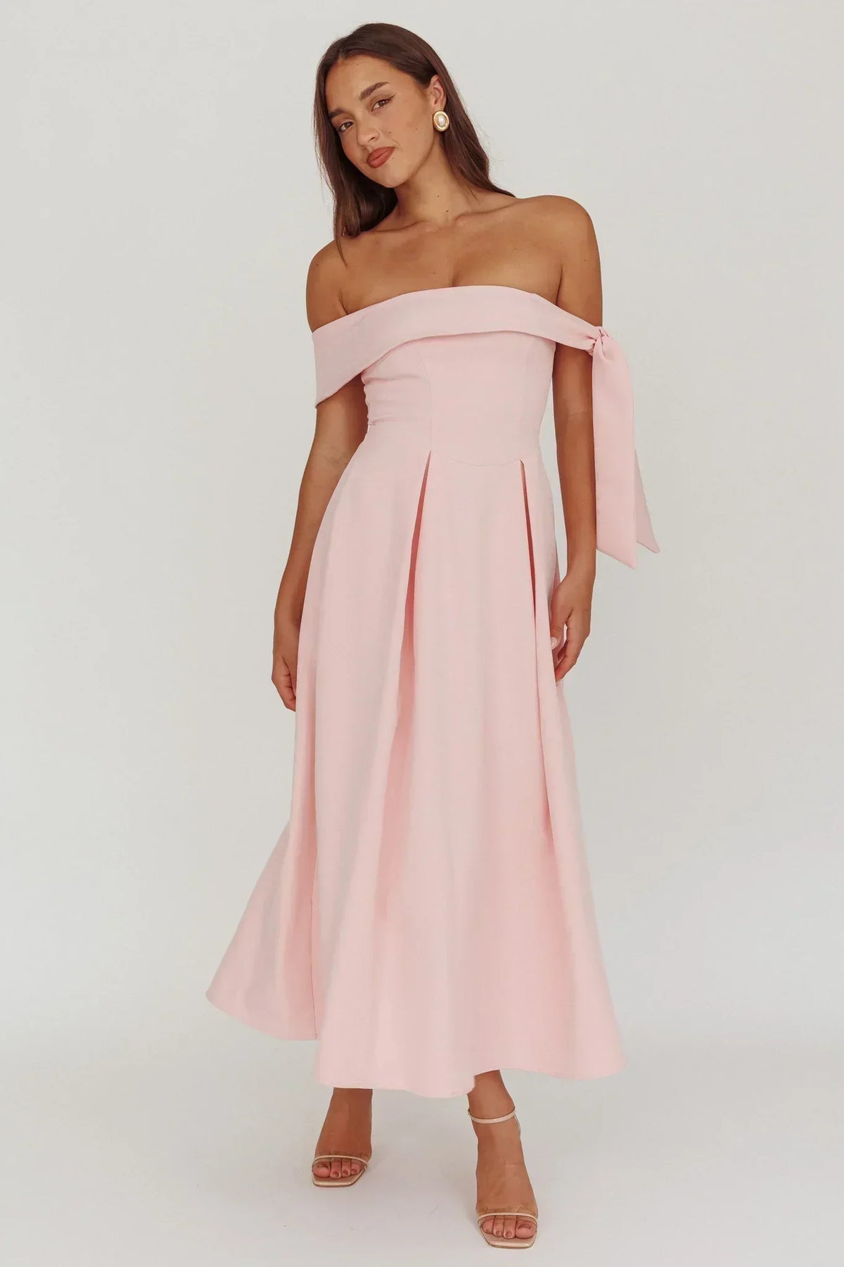 Off Shoulder Tie Sleeve Box Pleat A-Line Midi Dress 5