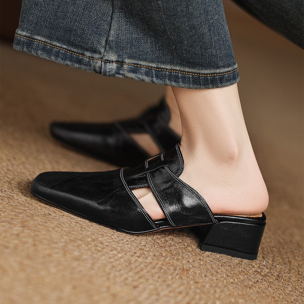 Closed Toe Buckle Strap Block Heel Mules
