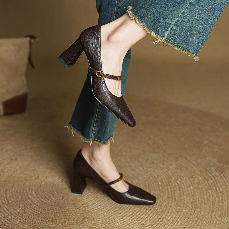Square Toe Ankle Strap Block Heel Mary Jane Pumps