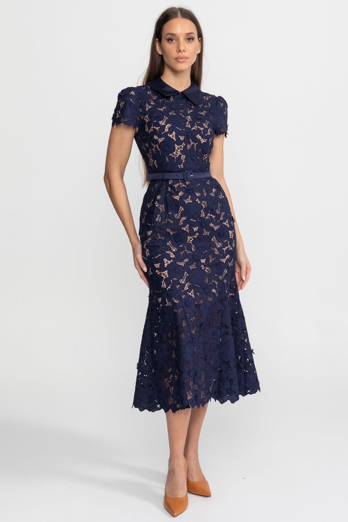 Floral Lace Satin Collar Short Sleeve Belted Flared Hem Midi Dress 4