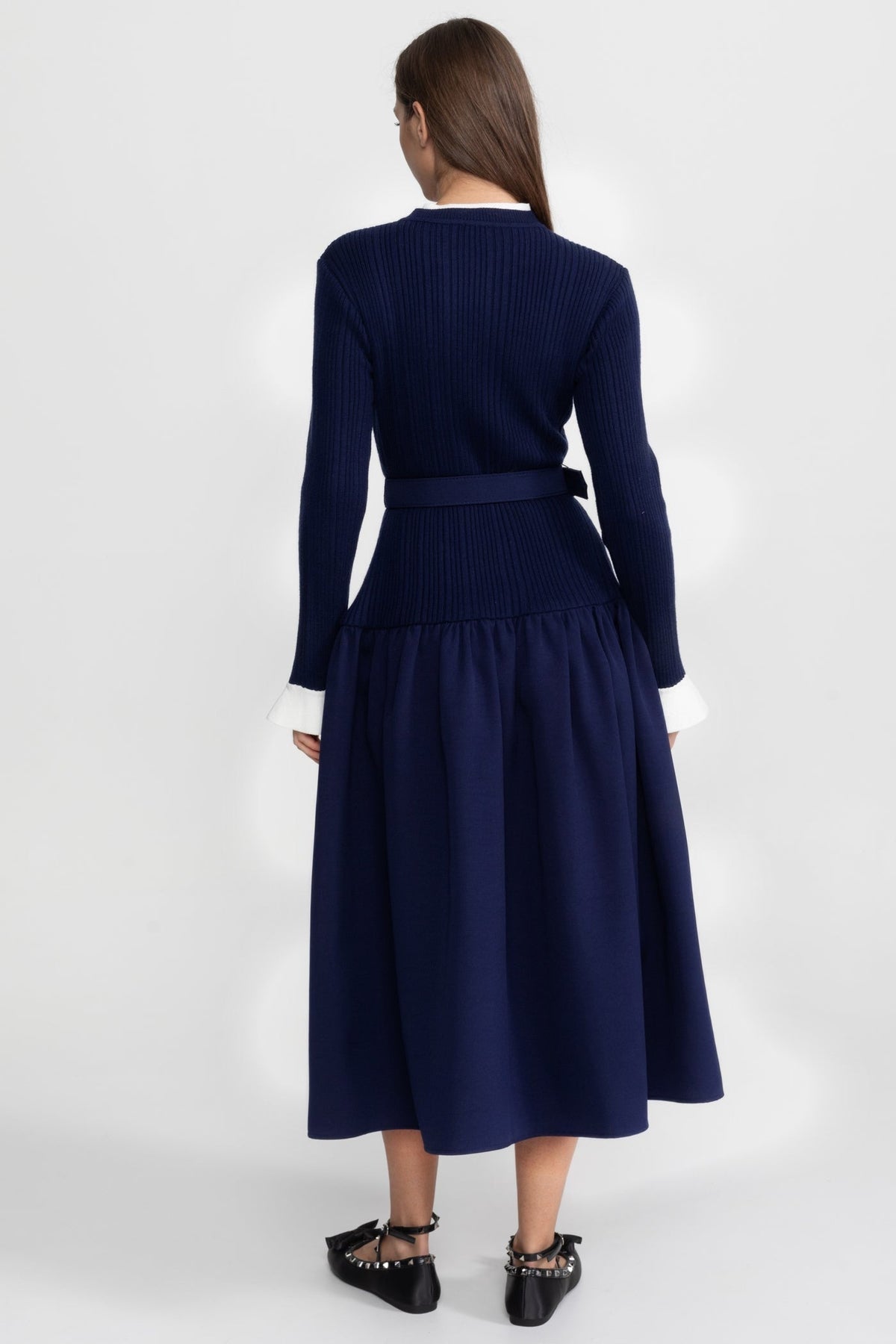 Ribbed Knit Long Sleeve Button Front Belted Drop Waist Midi Dress 3