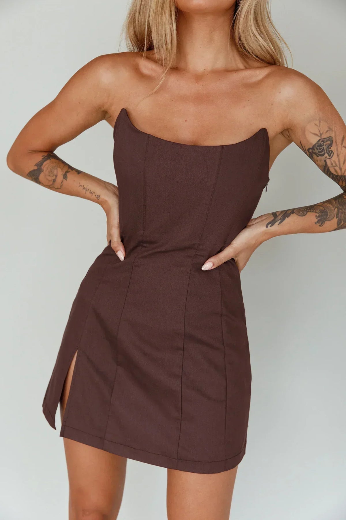 Luann Scoop Neckline Strapless Mini Dress Brown