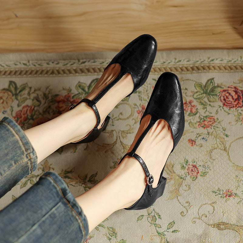 Square Toe T-Strap Block Heel Pumps