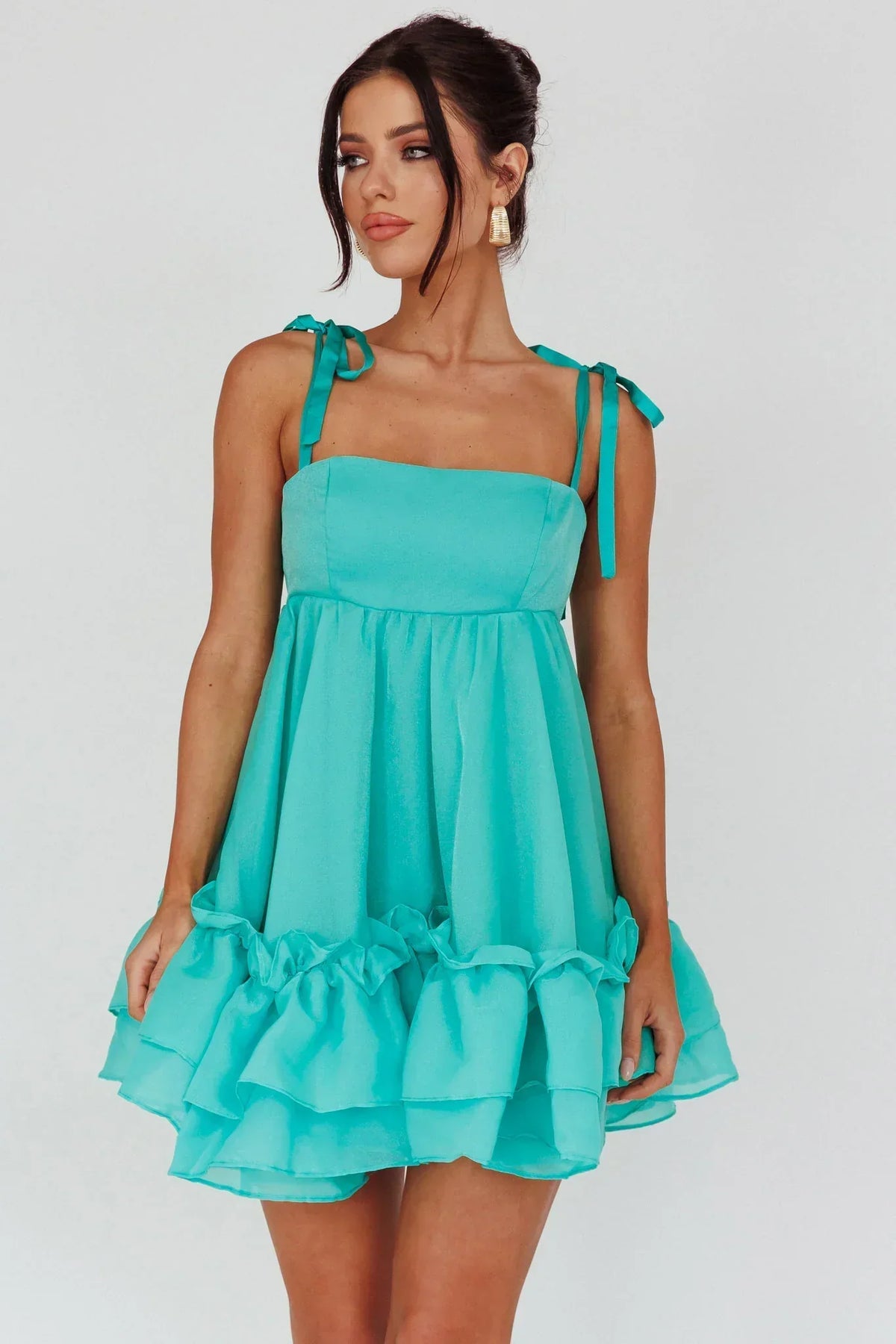 Square Neck Tie Shoulder Babydoll Layered Ruffle Hem Mini Dress 4