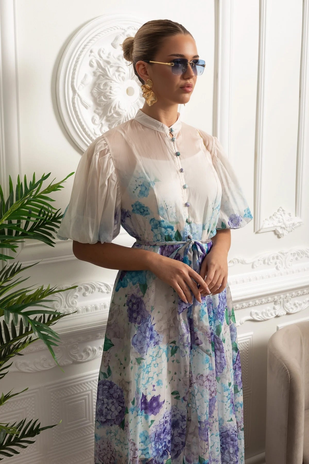 Sheer Organza Midi Shirt Dress Mandarin Collar Puff Sleeve Tie Belt - View 2