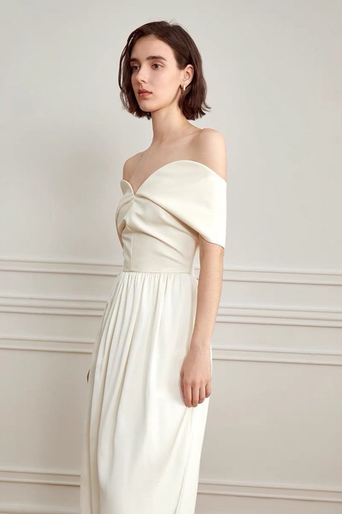 Off Shoulder Wrap Draped Bodice Gathered Waist Maxi Gown
