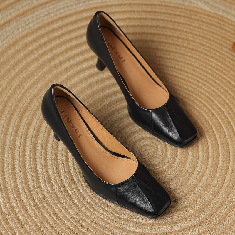Square Toe Ruched Front Mid Heel Pumps