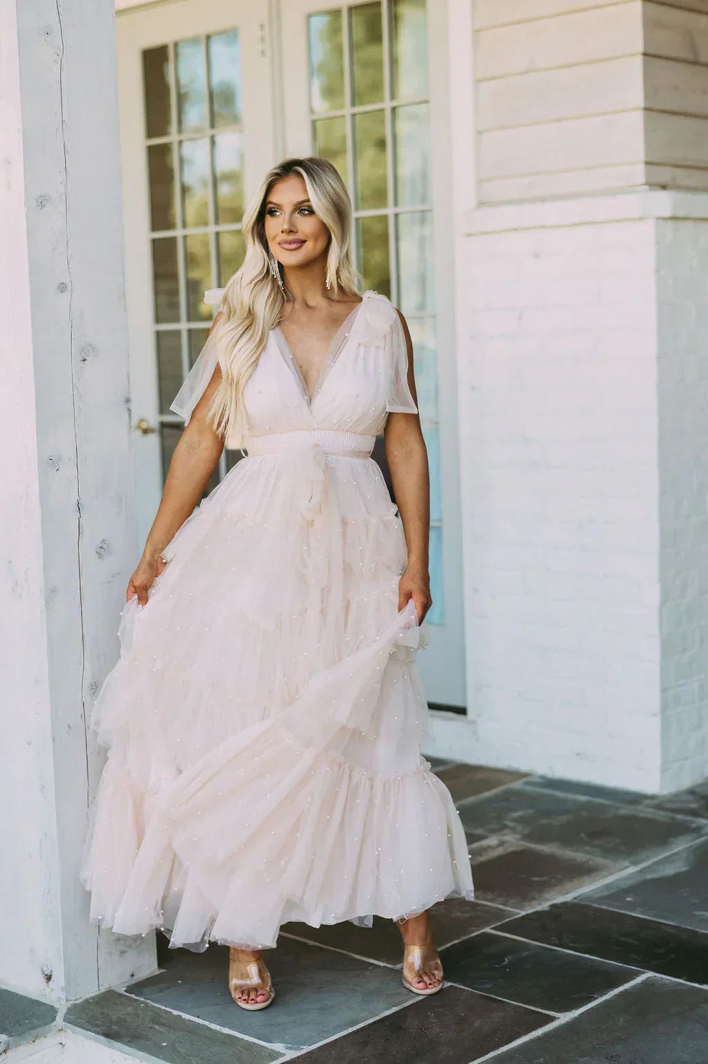 Pearl Embellished Tulle V-Neck Flutter Sleeve Ruffle Tiered Maxi Dress 6