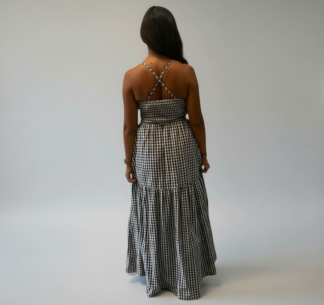 Gingham Spaghetti Strap Smocked Tiered Maxi Dress 2