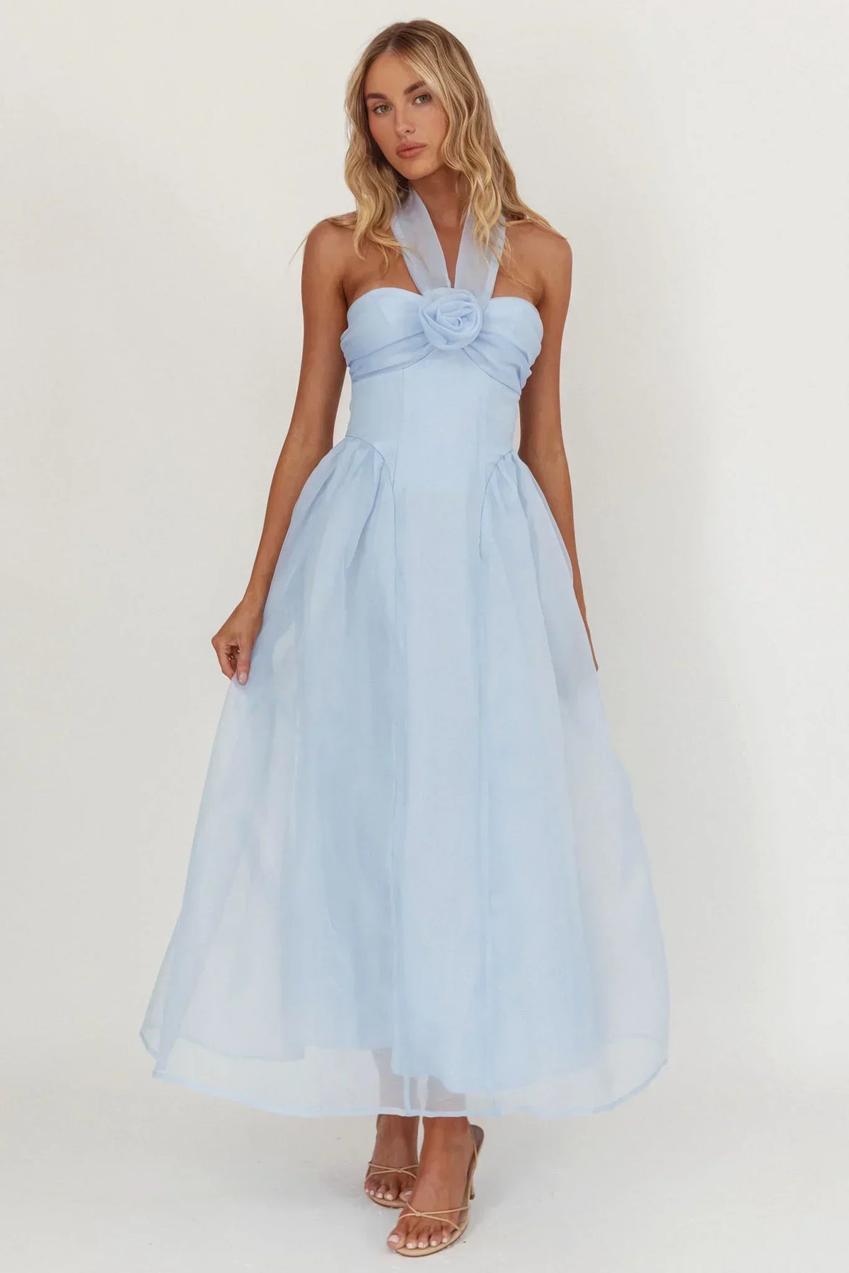 Organza Halter Rosette Sweetheart Neck A-Line Midi Dress