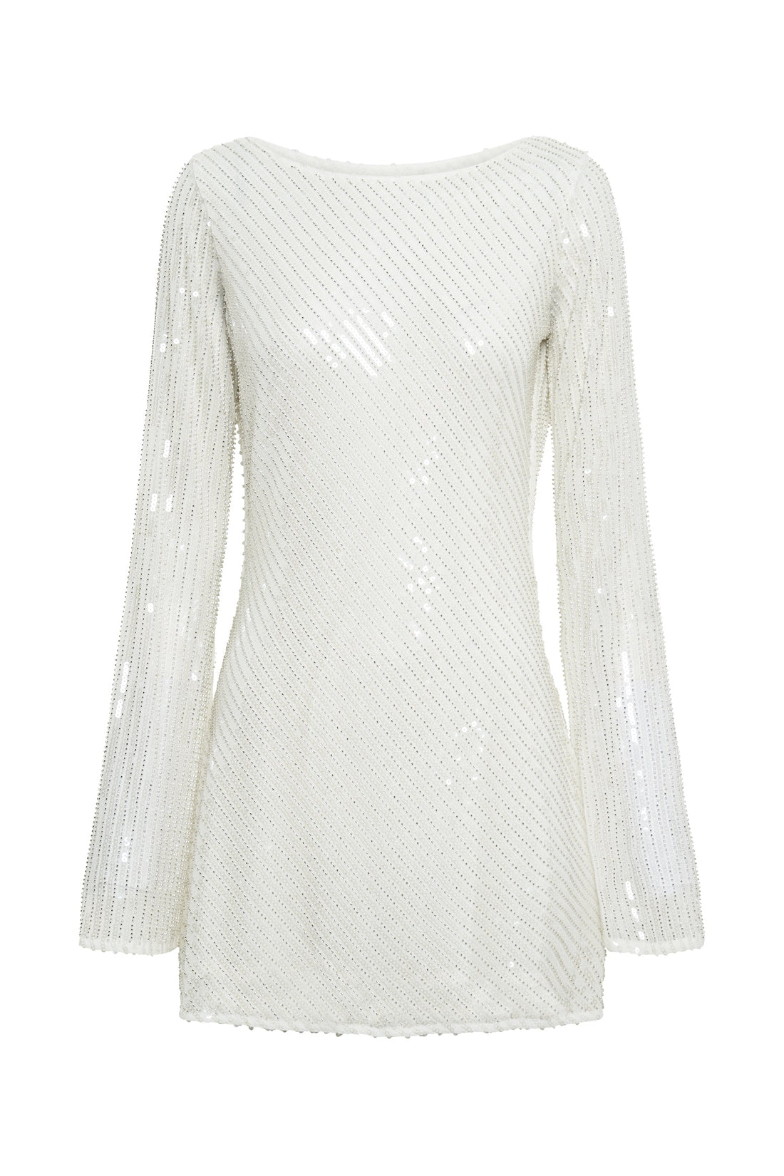 Sequin Beaded Cowl Open Back Flared Long Sleeve Mini Dress 10