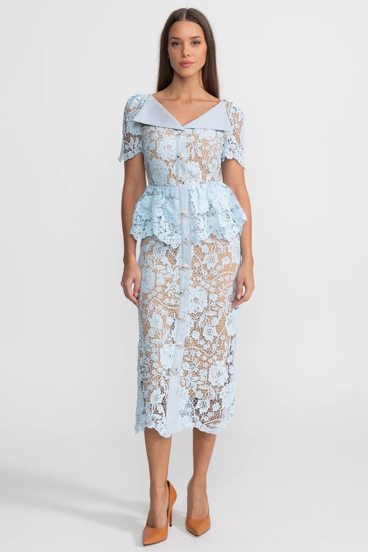 Floral Lace V-Neck Satin Collar Short Sleeve Peplum Button Front Midi Dress 2
