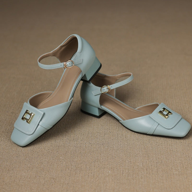 Square Toe Metal Buckle Ankle Strap Block Heel Mary Jane Pumps
