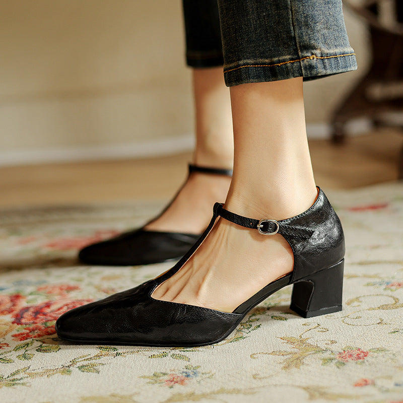 Square Toe T-Strap Block Heel Mary Jane Pumps