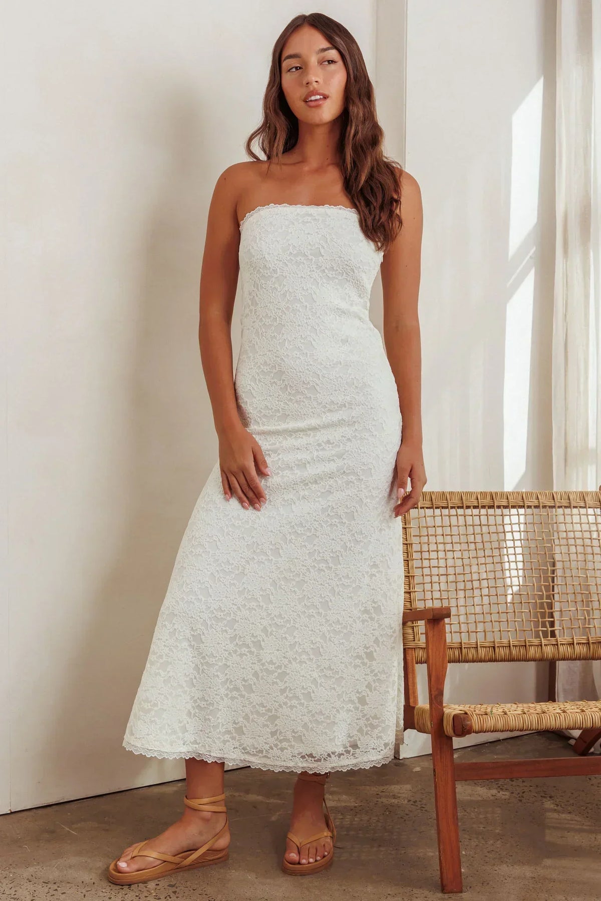 Floral Lace Strapless Scalloped Hem Column Maxi Dress 6