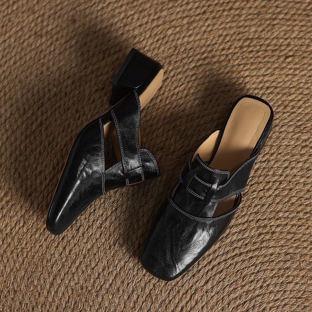 Closed Toe Buckle Strap Block Heel Mules