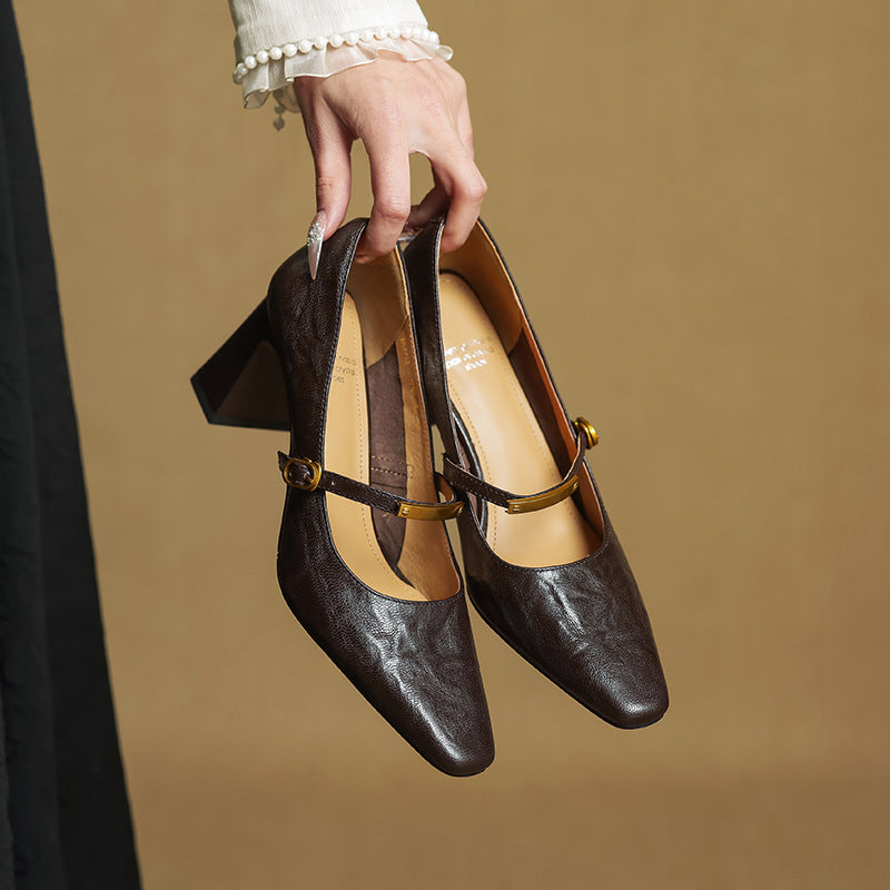 Square Toe Ankle Strap Block Heel Mary Jane Pumps