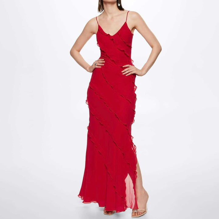 Spaghetti Strap Deep V-Neck Diagonal Tiered Ruffle Maxi Gown