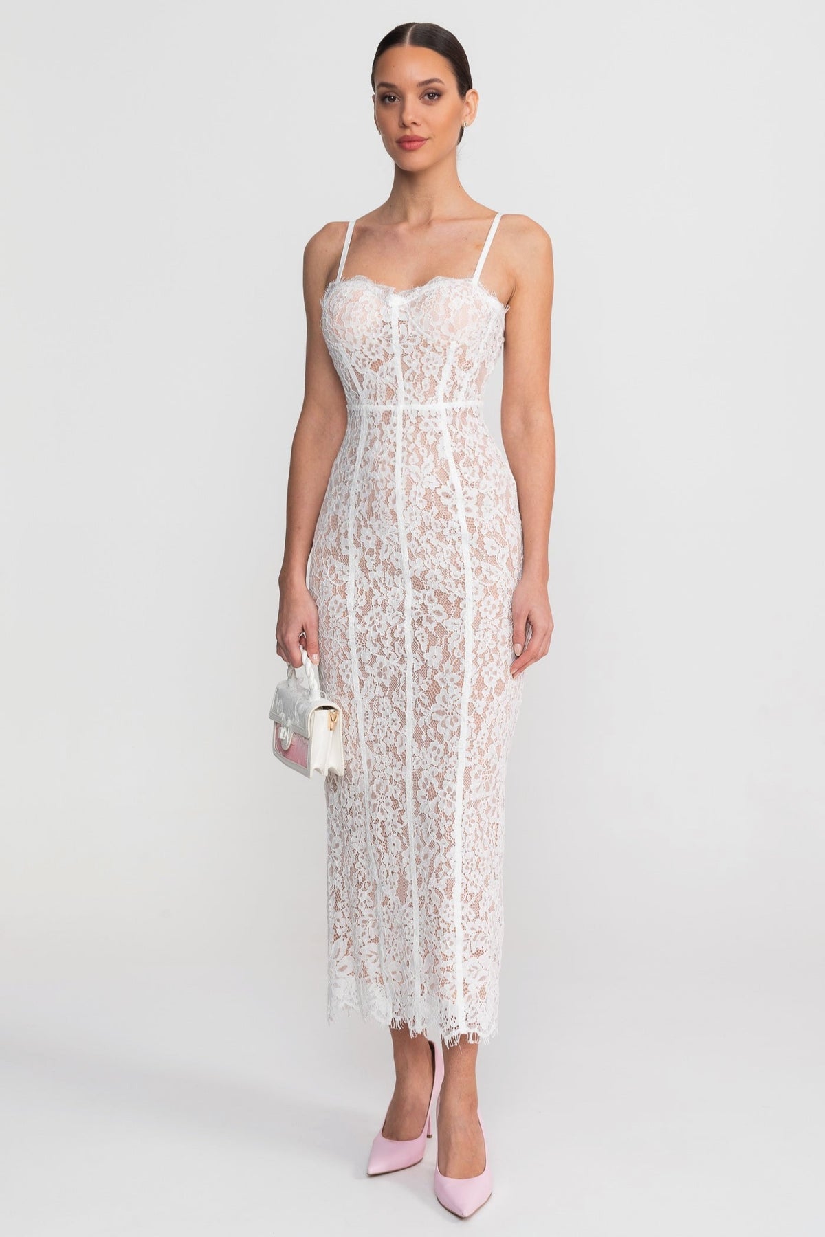 Lace Sweetheart Neck Spaghetti Strap Corset Bodice Scalloped Hem Midi Dress 7