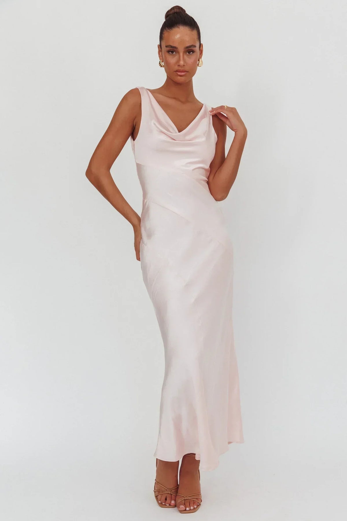 Satin Cowl Neck Sleeveless Open Back Bias Cut Maxi Dress 5