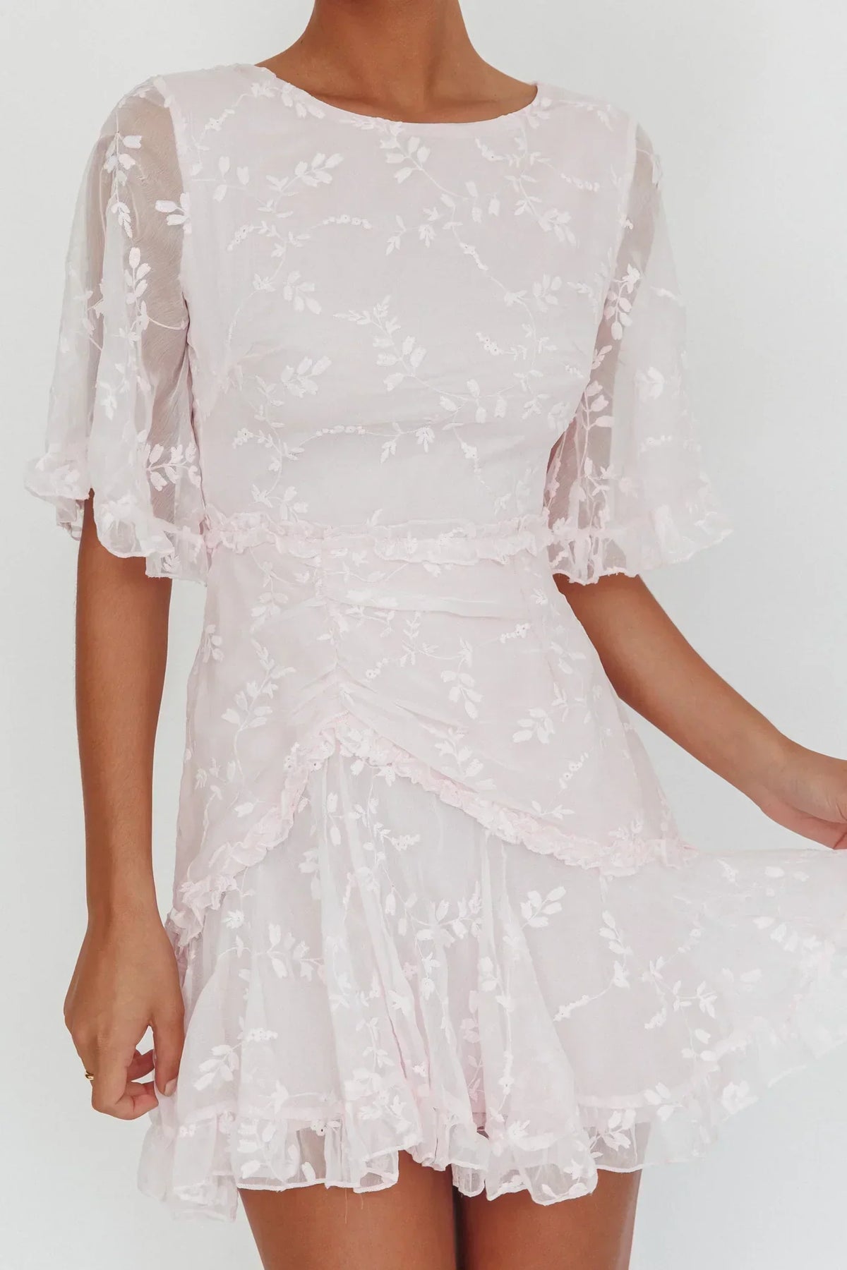 Embroidered Mesh Flutter Sleeve Ruched Frill Trim Mini Dress 3