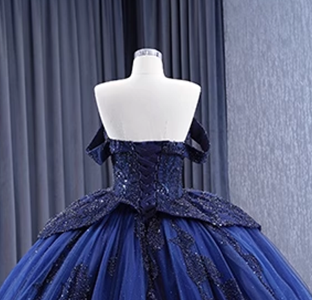 Luxurious Navy Blue Tulle Sequins Beading Prom Dress Sweet 16 Ball Gown cc1698
