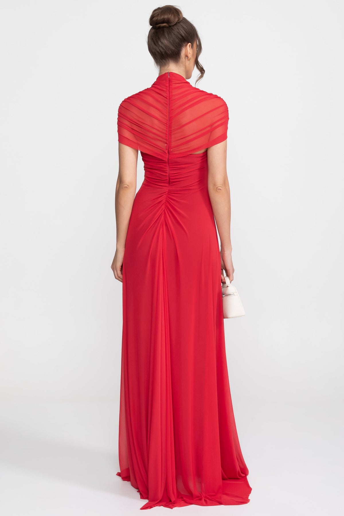 Mock Neck Ruched Mesh Cap Sleeve Cut Out Waist Maxi Dress 3
