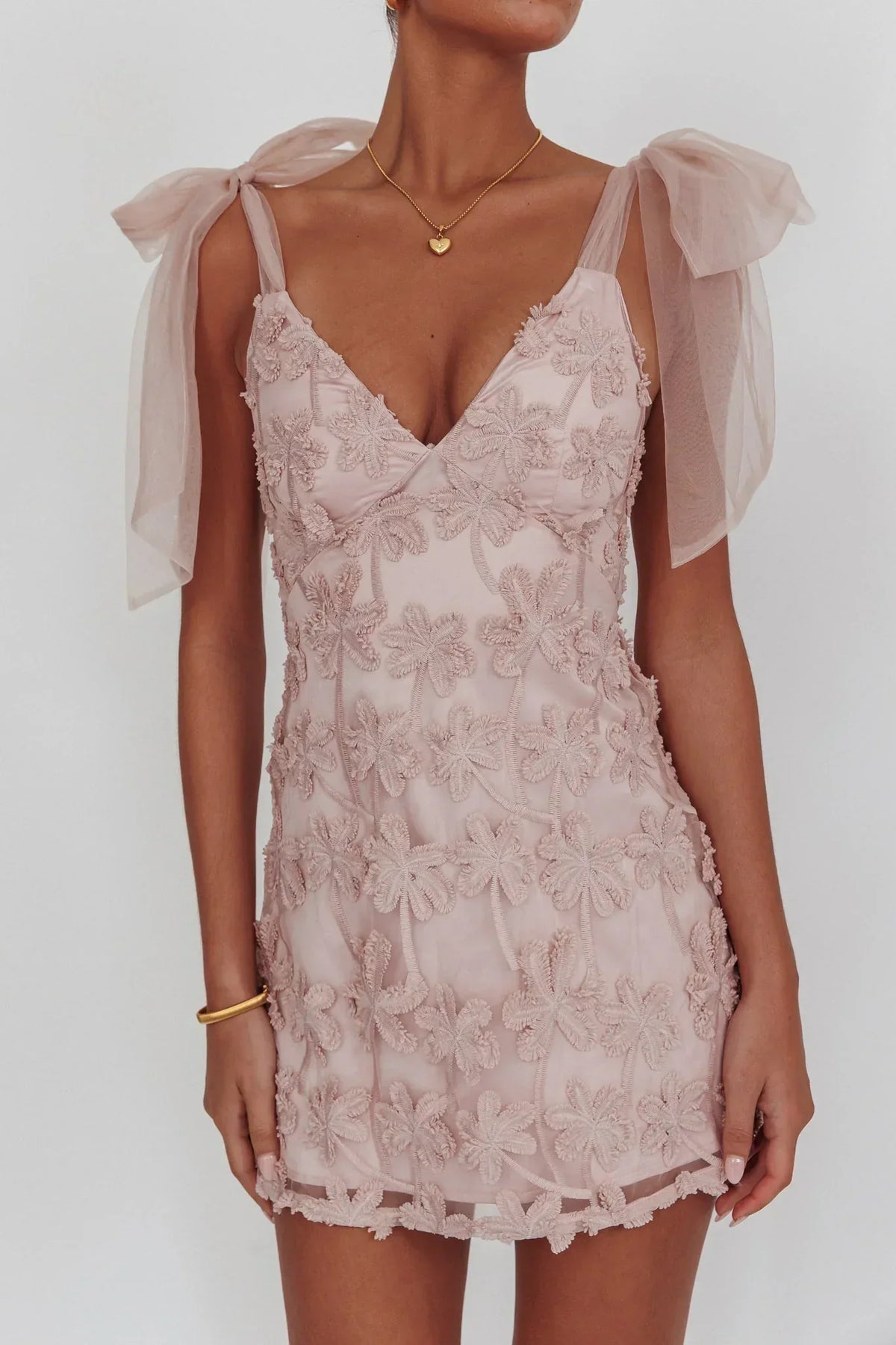 3D Floral Applique Tulle Tie Shoulder V-Neck Mini Dress 5