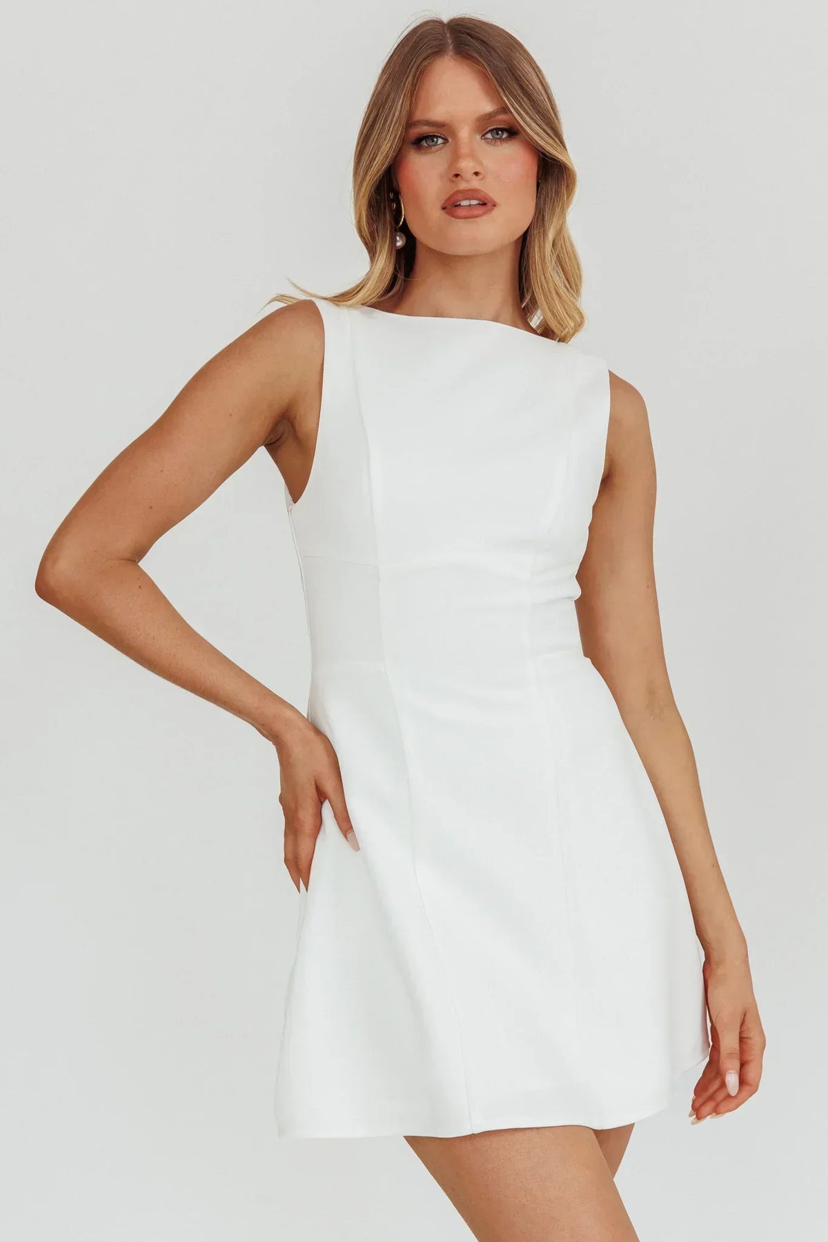 Boat Neck Sleeveless Seamed A-Line Mini Dress