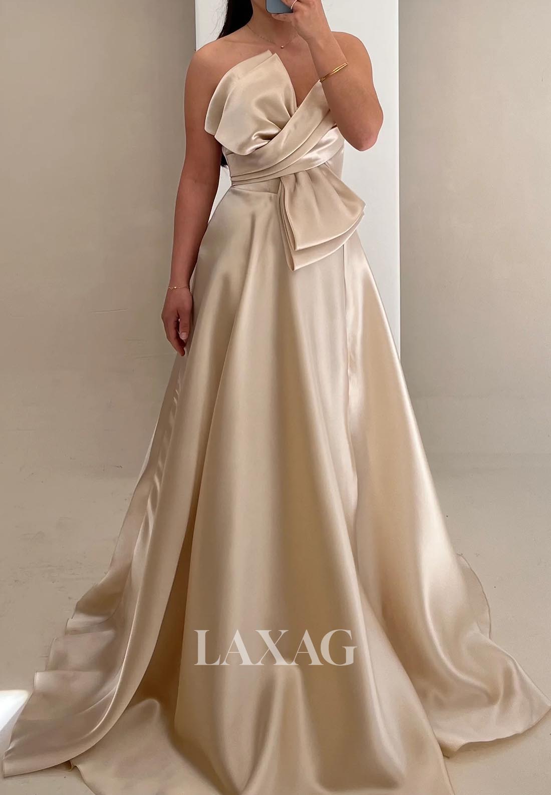 Asymmetrical-Neck Sleeveless A-Line Evening Dress Off-Shoulder Pleated Satin Formal Gowns with Bow