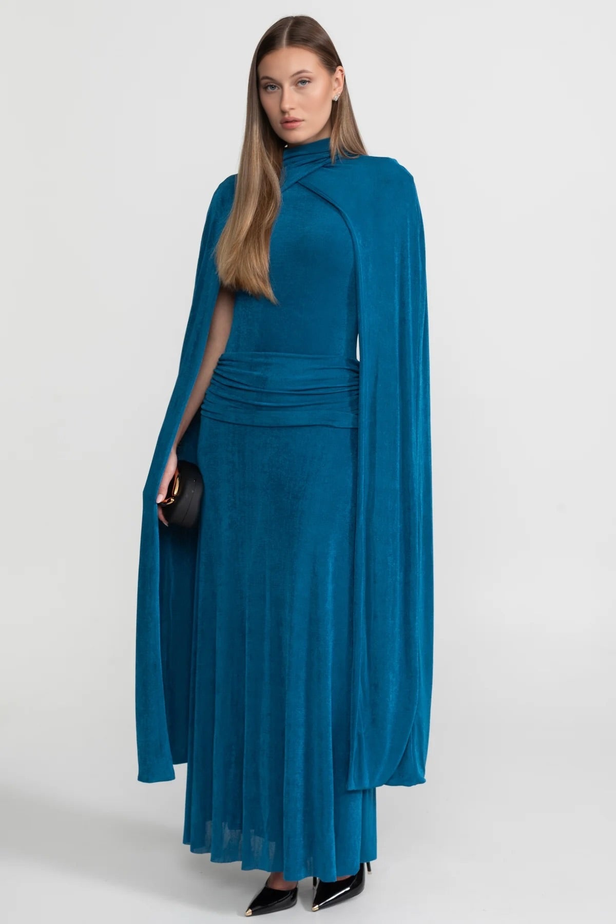 High Neck Attached Cape Ruched Waist Column Floor Length Gown - View 2