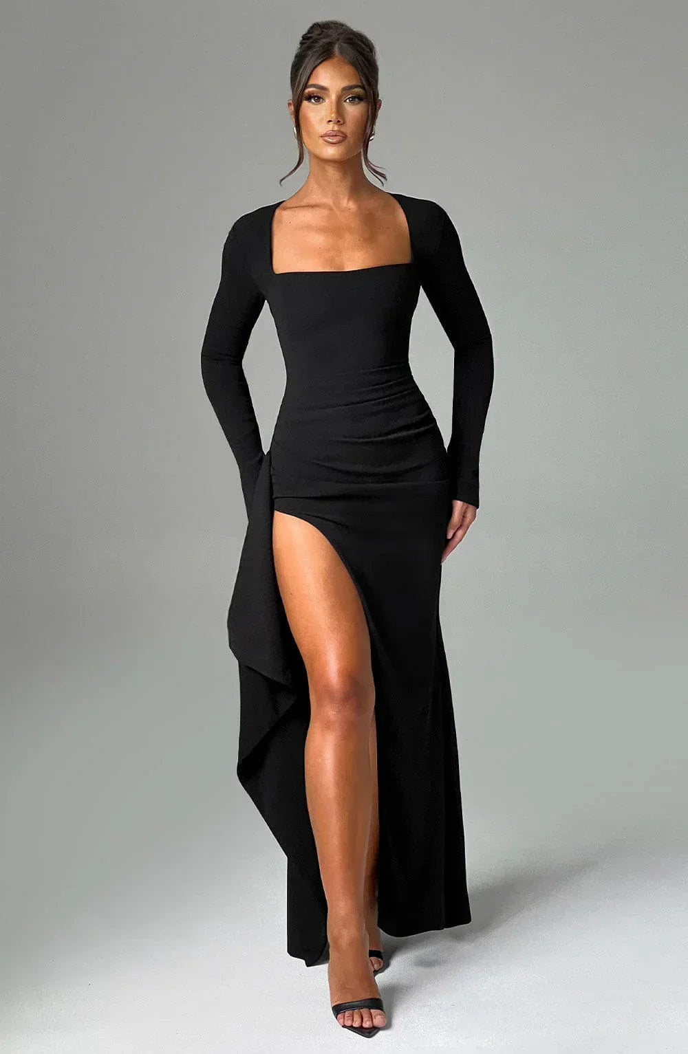 Square Neck Long Sleeve High Split Draped Side Maxi Dress