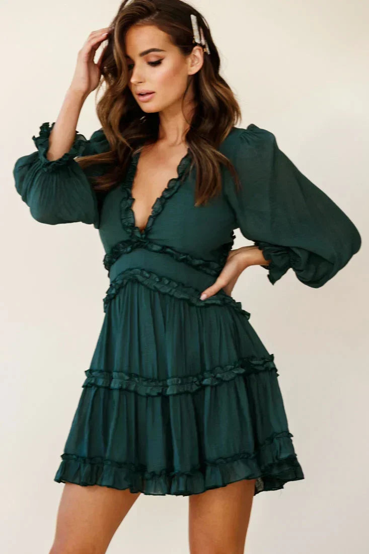Ruffle Trim Plunge V-Neck Balloon Sleeve Tiered Mini Dress 5