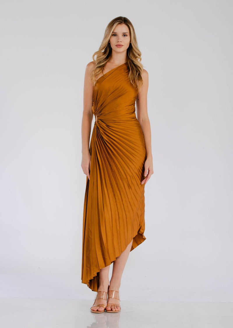 One Shoulder Pleated Satin Maxi Dress 10