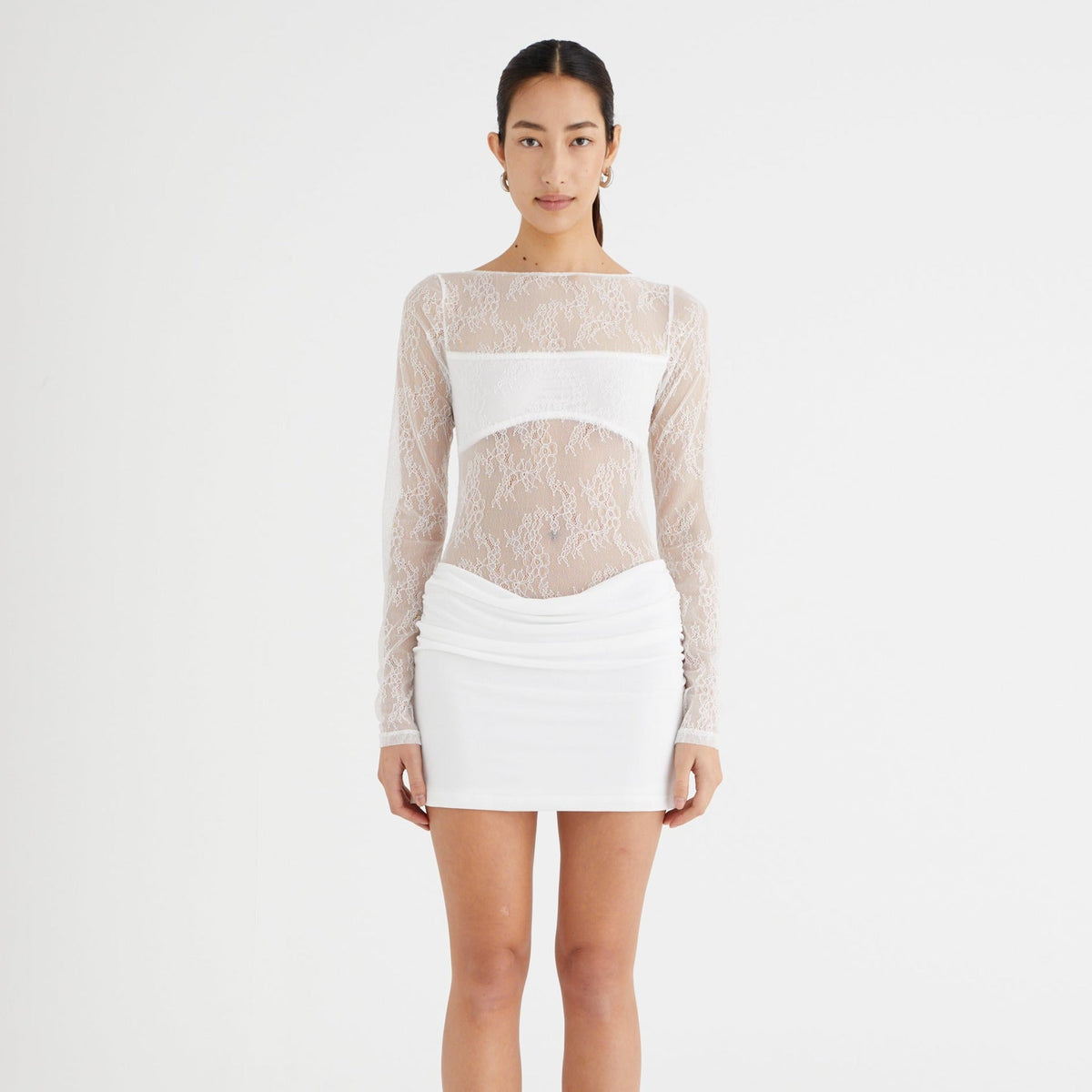 Sheer Lace Long Sleeve Crew Neck Draped Skirt Bodycon Mini Dress 11