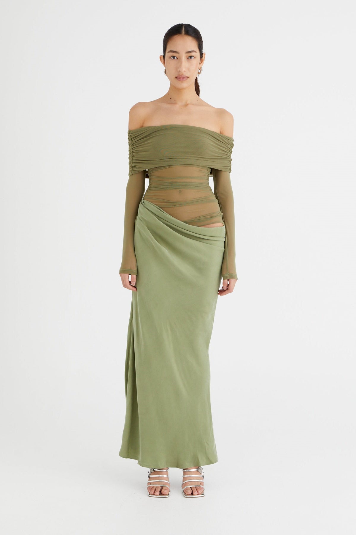 Off Shoulder Long Sleeve Sheer Mesh Cut Out Maxi Dress 7