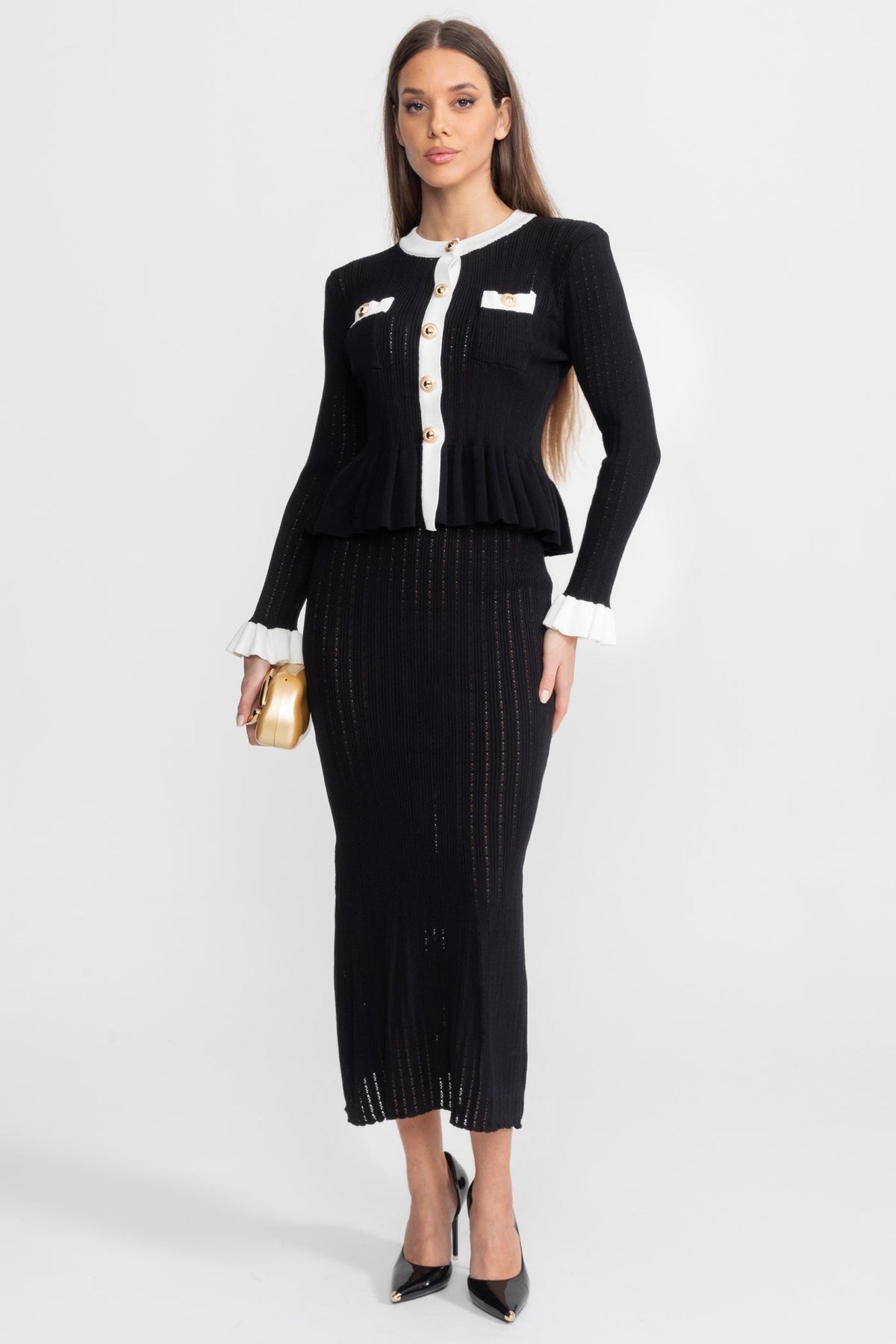 Pointelle Knit Contrast Trim Ruffle Cuff Peplum Cardigan and Column Midi Skirt Two Piece Set 2