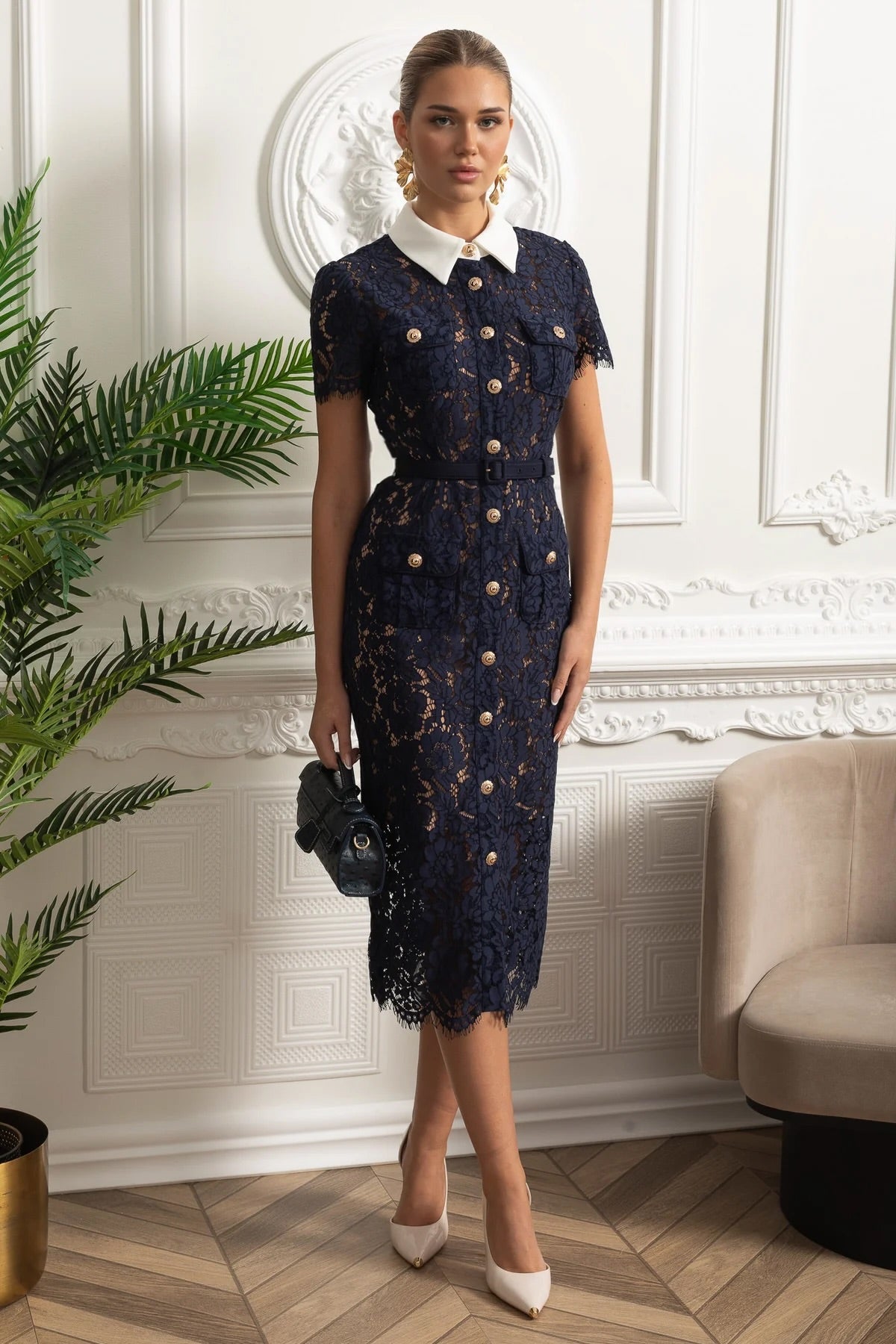 Floral Lace Contrast Collar Short Sleeve Belted Button Front Midi Dress