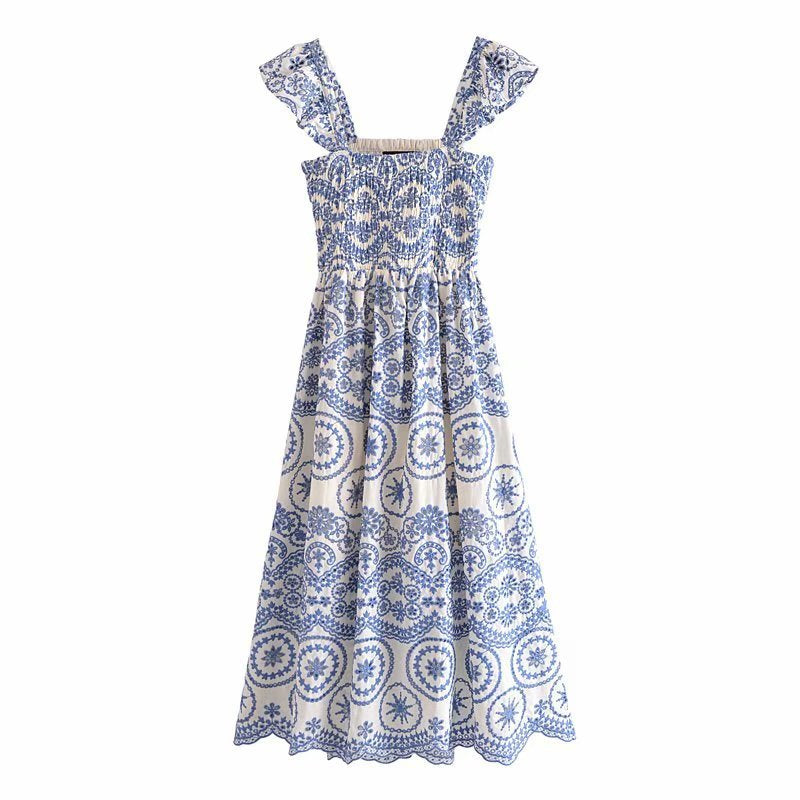 Smocked Ruffle Strap Medallion Embroidery Waist Cut Out Scalloped Hem Midi Dress