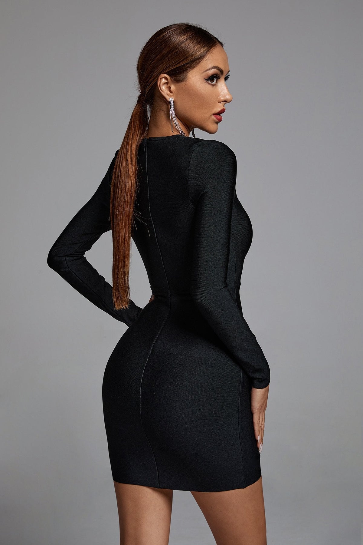Bandage Deep V-Neck Rhinestone Mesh Panel Long Sleeve Mini Dress 6